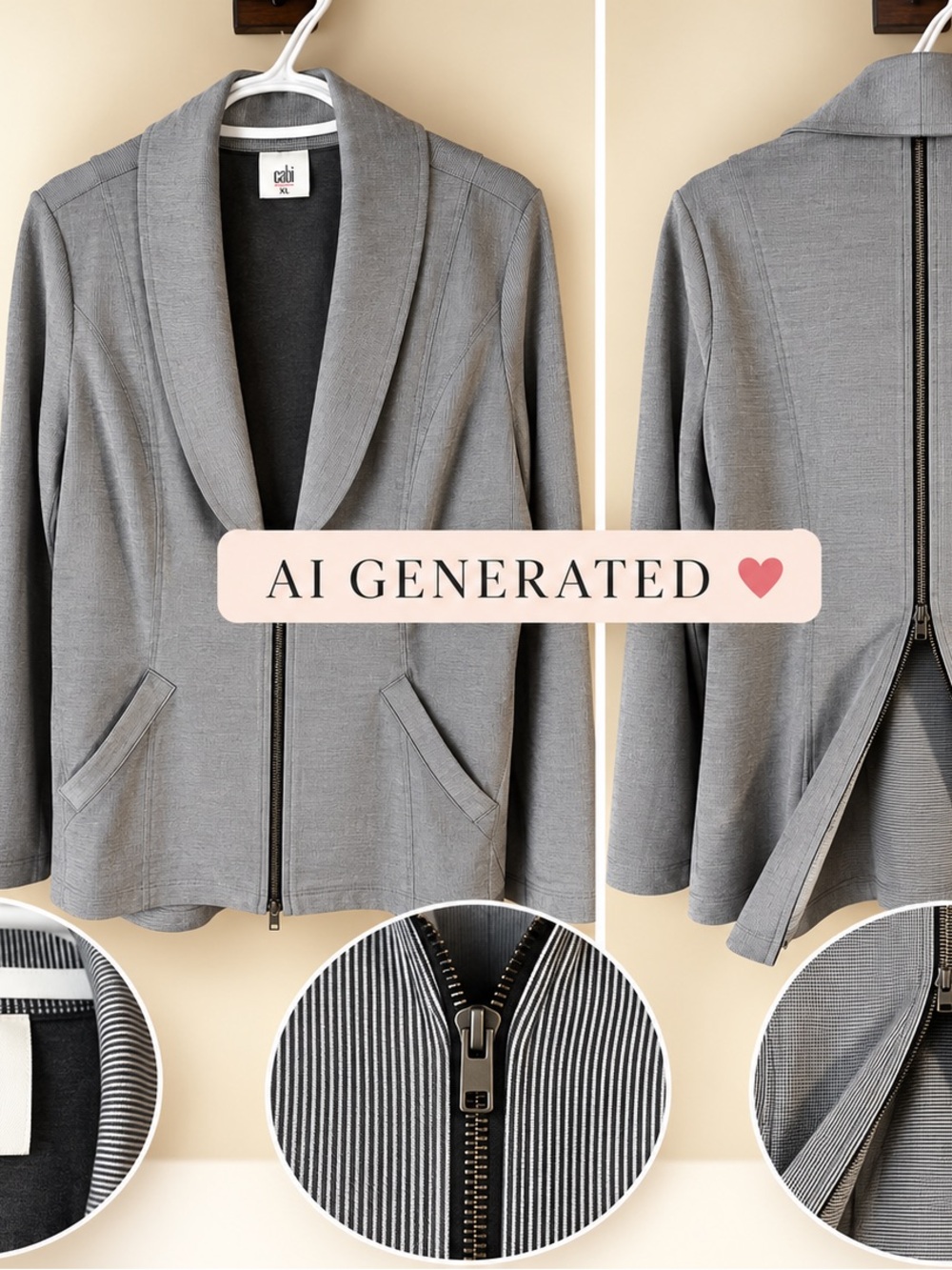 Cabi XL Grey Pinstripe Zip Front Blazer | Shawl Collar | Back Zip